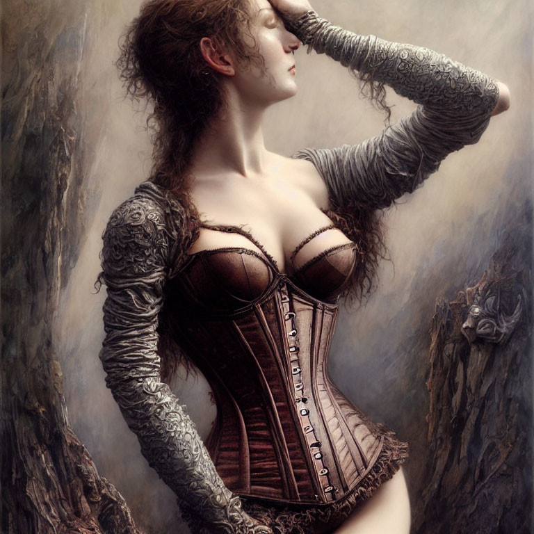 Auburn-haired woman in brown corset poses with hand on forehead