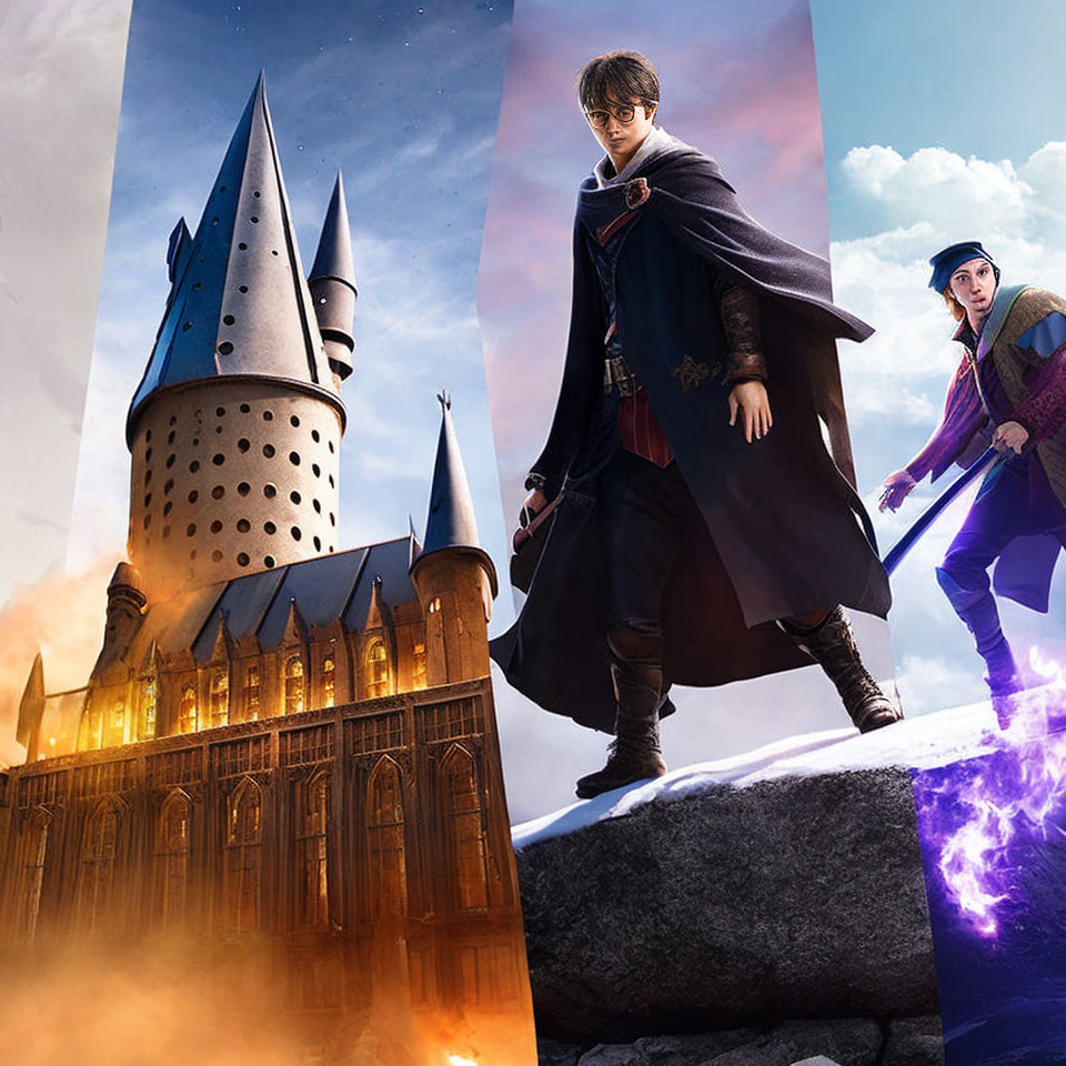 Split Image: Magical Castle and Wizard-Like Characters in Mystical Setting