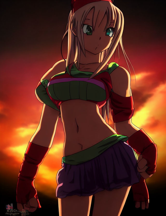 Blonde-Haired Anime Girl in Red Outfit with Green Accents Against Sunset Sky