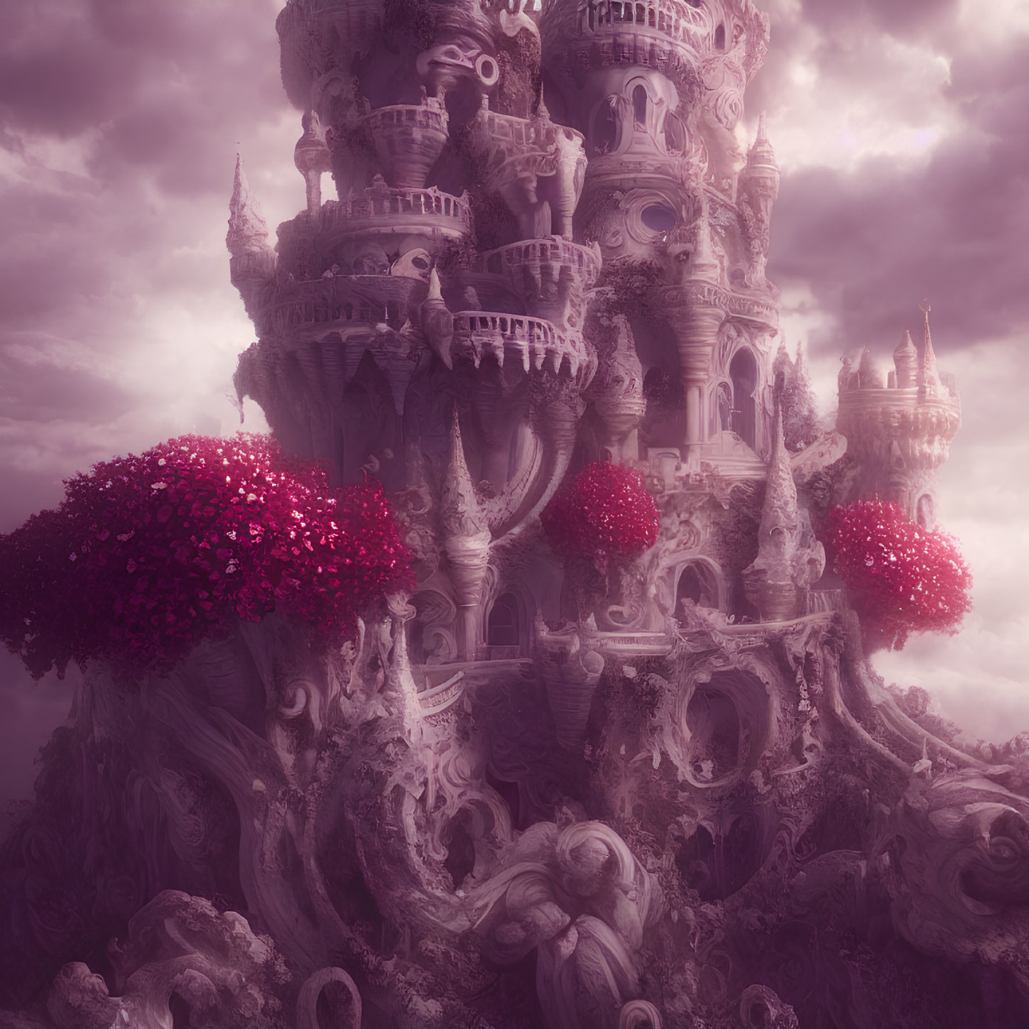 Ethereal pink-hued castle among oversized blossoms