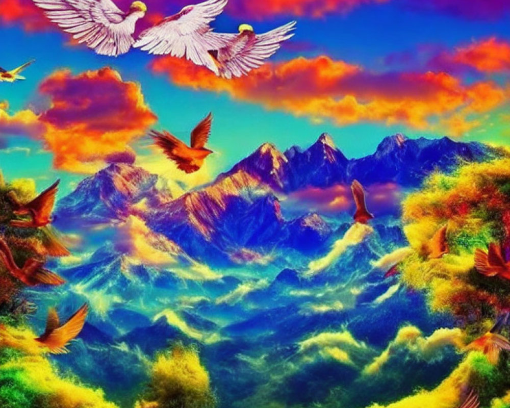 Vivid Landscape with Colorful Mountains and Birds in Flight