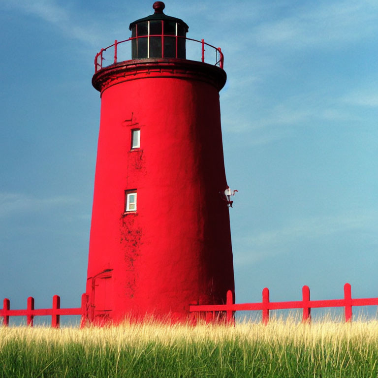 Bright red lighthouse in green grass field with blue sky