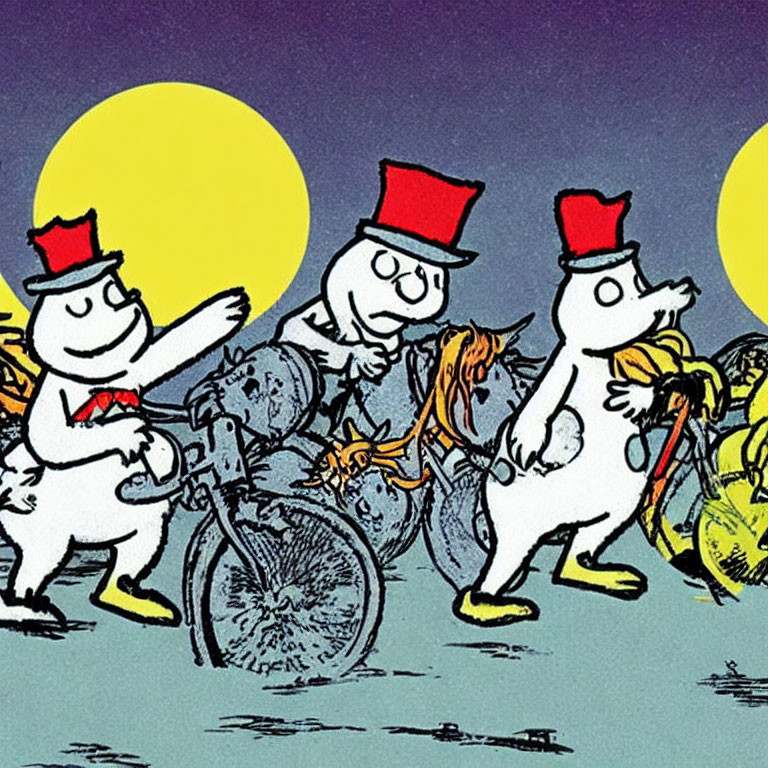 Three white cartoon characters on bicycles under a night sky with yellow moons