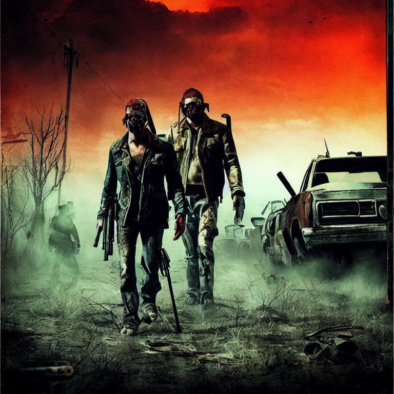 Post-apocalyptic scene with figures in gas masks and gun among wrecked cars in red sky