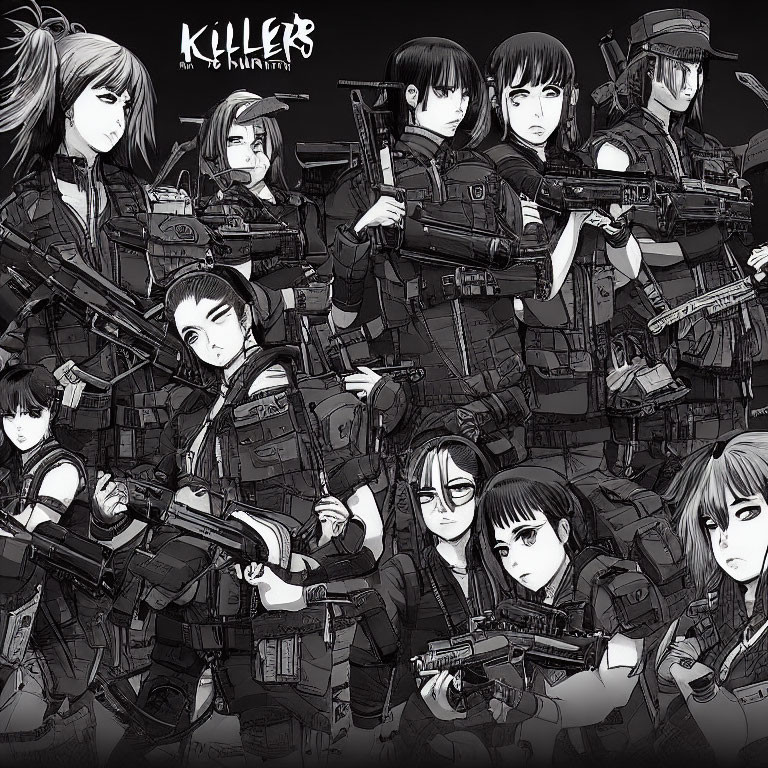 Monochrome illustration of armed female characters in tactical gear with "KILLERS" text