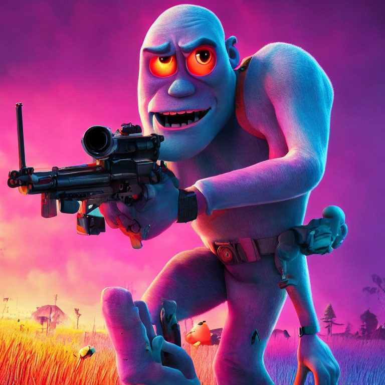 Purple-skinned animated character with sniper rifle in colorful field at dusk