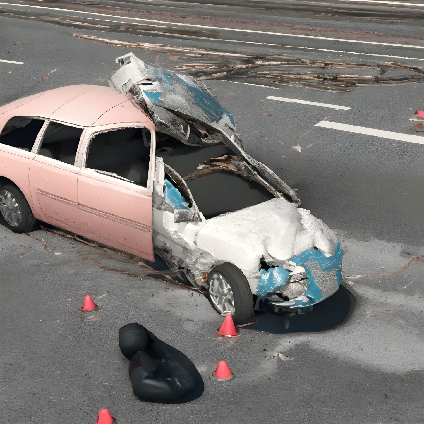 Severely damaged two-tone car with crumpled hood and shattered windows on road.