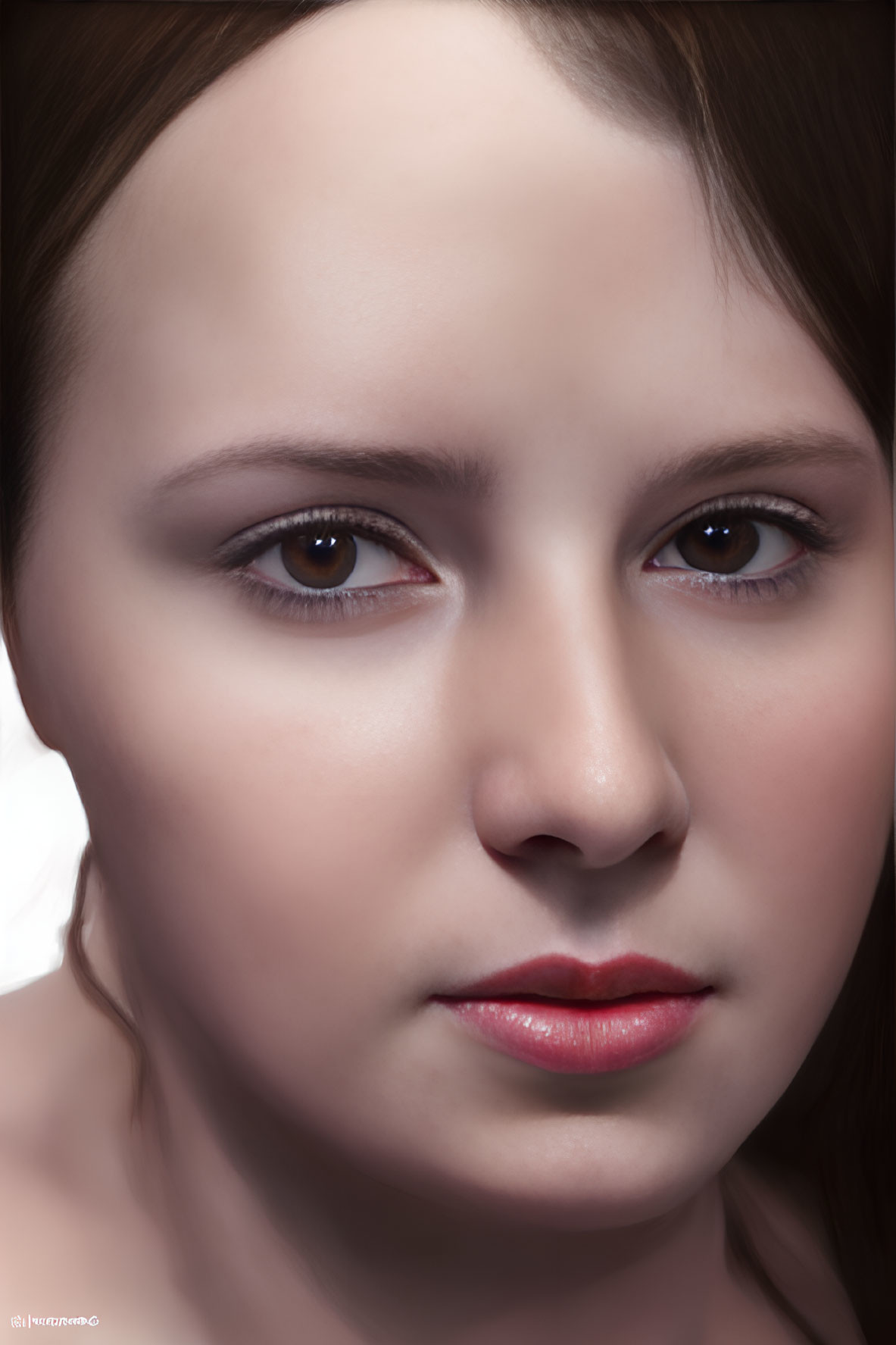 Detailed close-up of woman with brown eyes and pink lips on light background