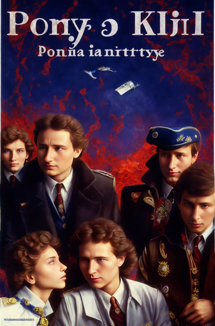 Vintage-style poster with five individuals in military and civilian attire, plane, red sky, and "P