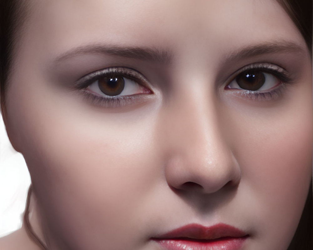 Detailed close-up of woman with brown eyes and pink lips on light background