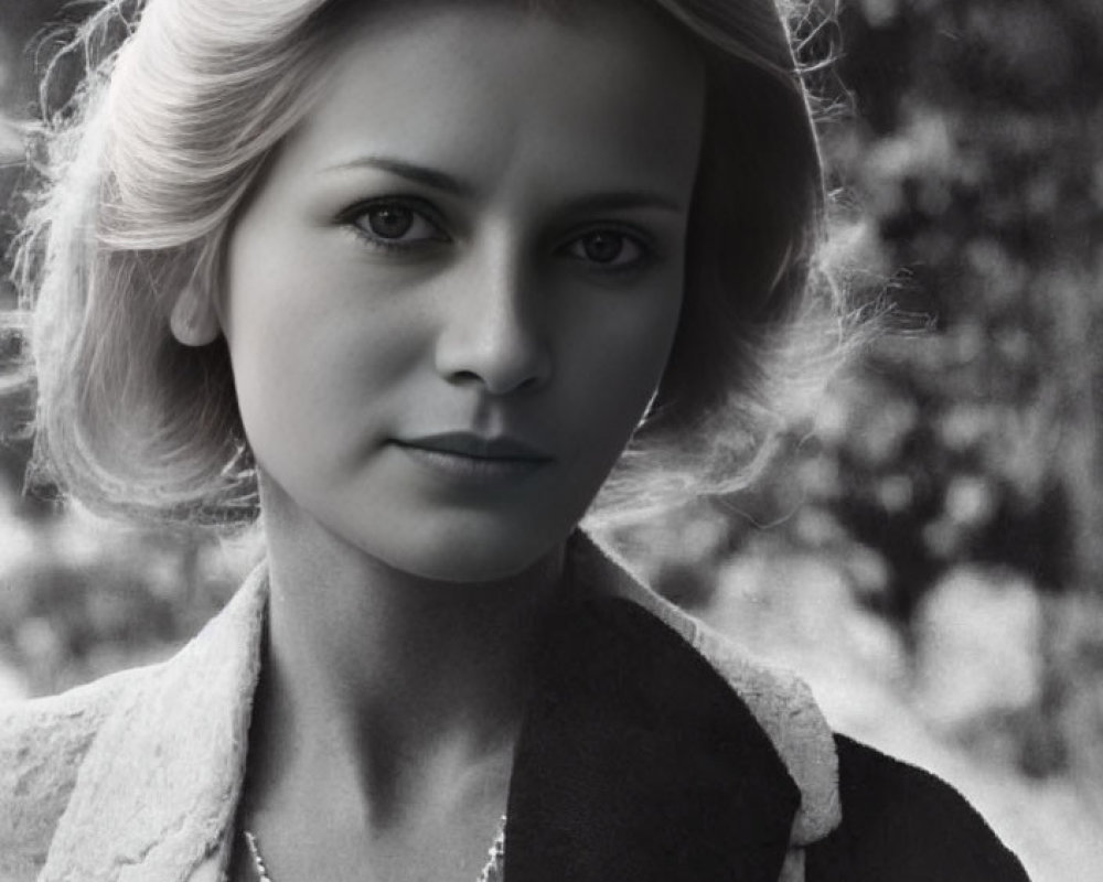 Monochrome image of woman with blonde hair in dark collar jacket