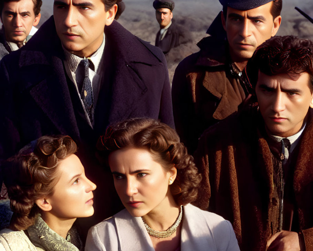 Vintage group portrait with two men in hats and coats, two concerned women in white.