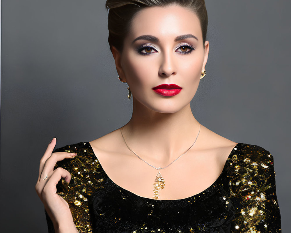 Stylish woman in black sequined dress with updo hair & accessories