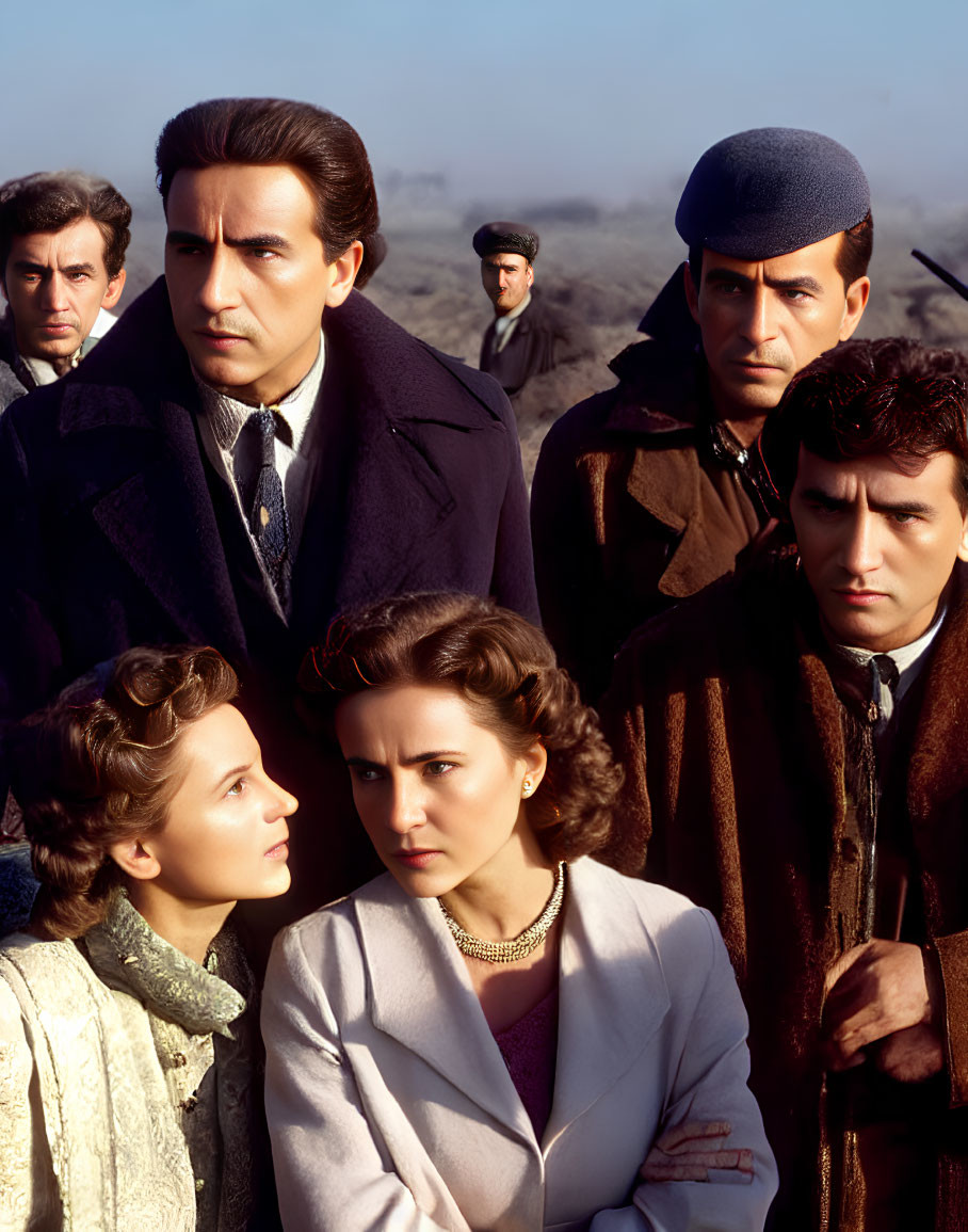 Vintage group portrait with two men in hats and coats, two concerned women in white.