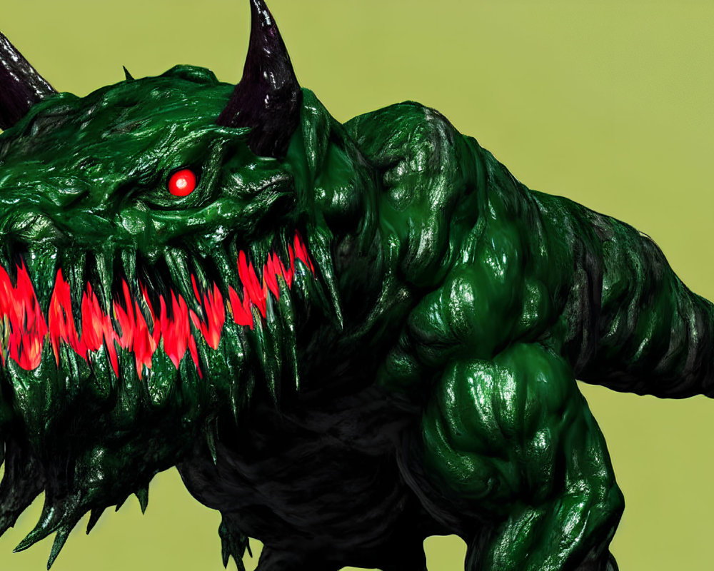 Menacing green monster with red teeth, glowing eyes, and black horns