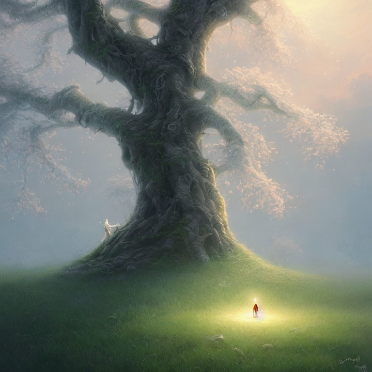 Enchanting scene of a large mystical tree with a figure, lantern, and white wolf in serene