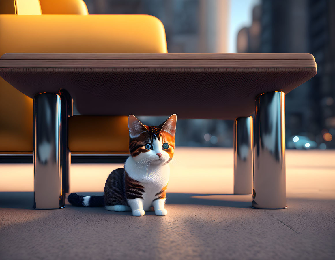 Brown, Black, and White Cat Under Modern Table in City Sidewalk at Sunset