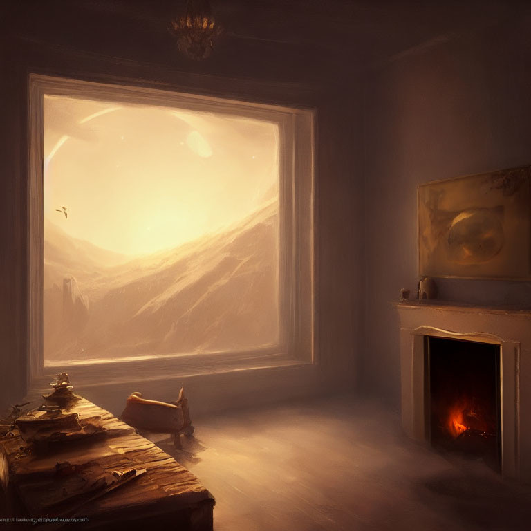 Cozy room with glowing fireplace and snowy landscape view