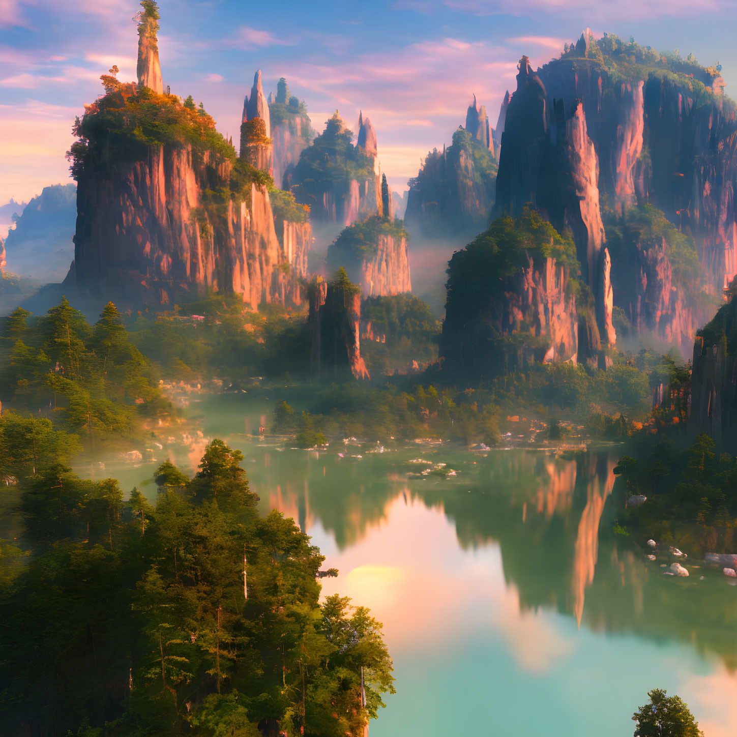 Majestic cliffs, lush greenery, reflective lake, and golden light landscape