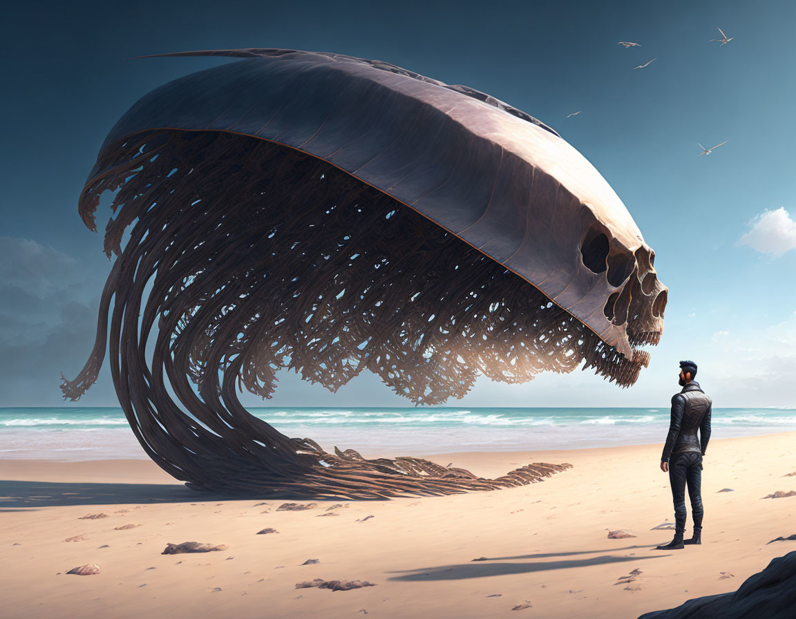 Colossal floating skull with tentacles on serene beach