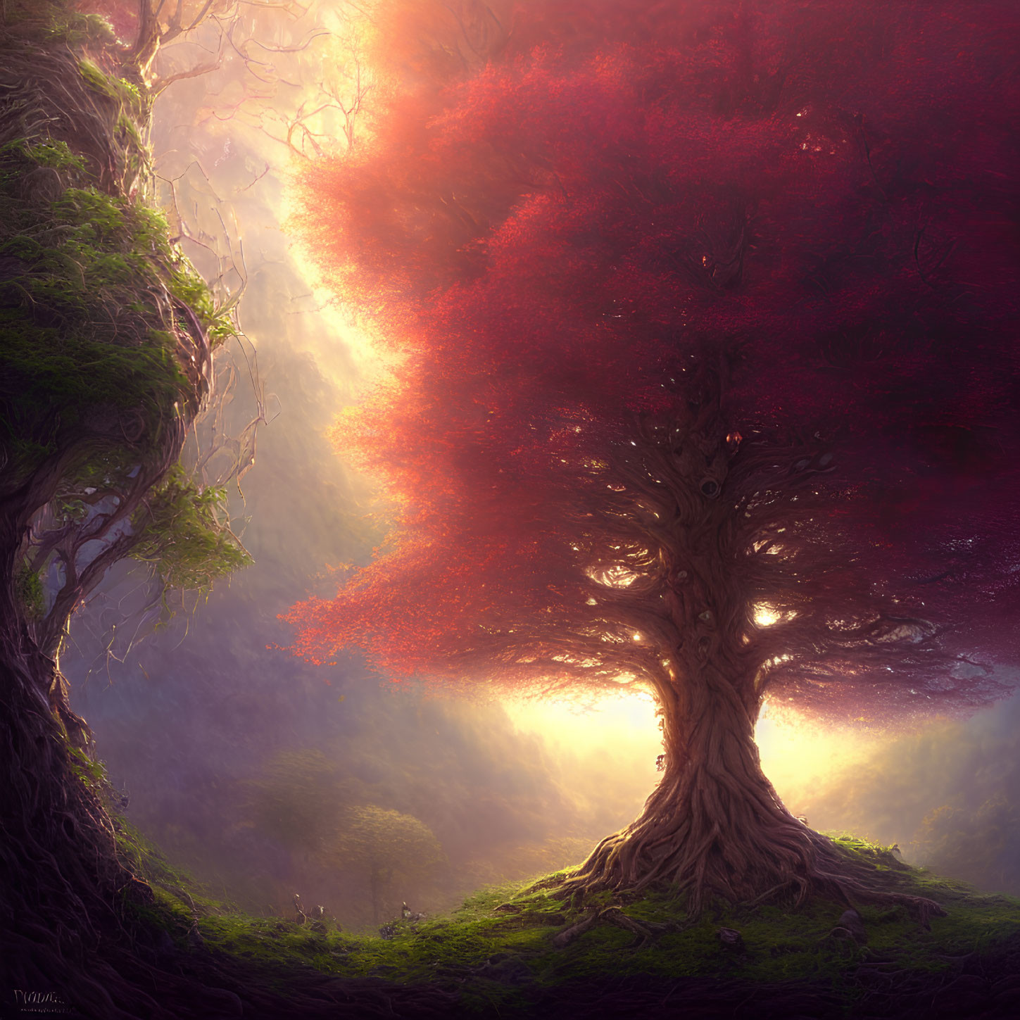 Majestic red canopy tree in mystical forest with sunlight and greenery