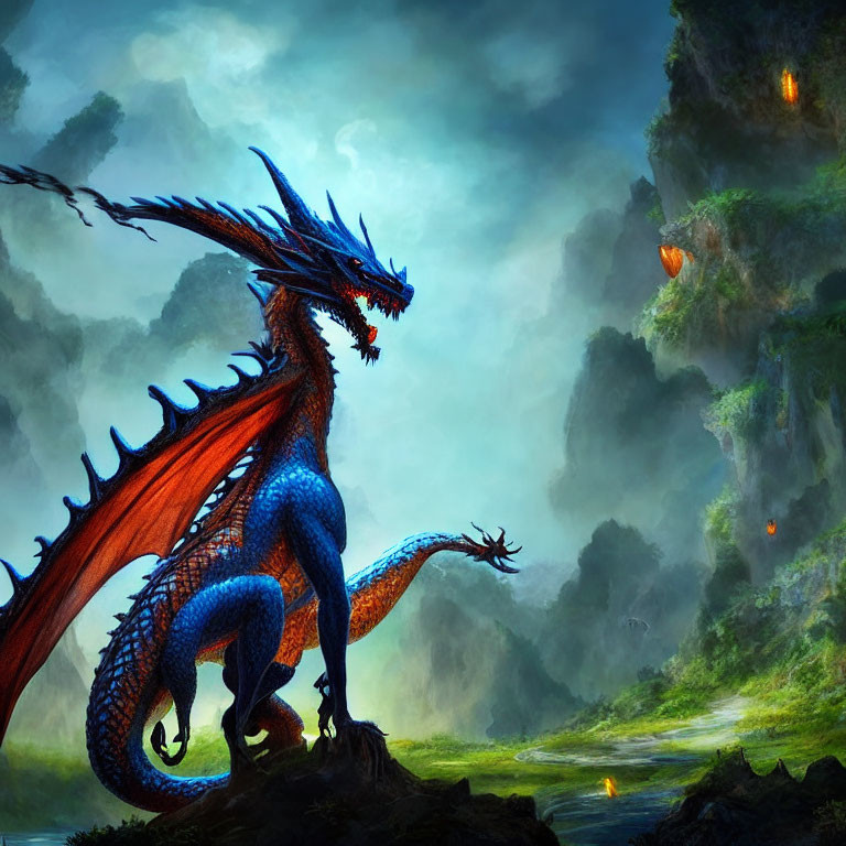 Blue Dragon with Red Wings in Mystical Forest with Floating Lights