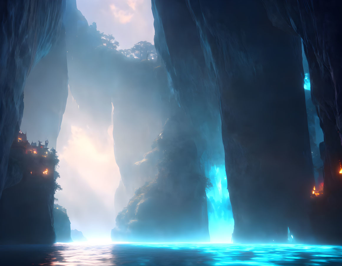 Ethereal underground cave with blue waters and natural light