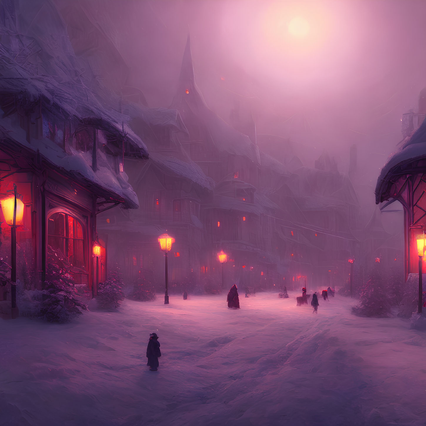 Snowy Village Scene: Dusk Glow, Pink Sky, Walking People