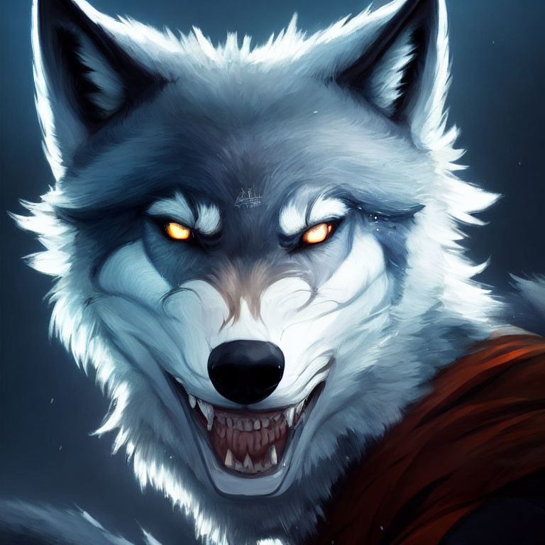 Detailed Close-up Illustration of Snarling Wolf with Amber Eyes and Grey Fur