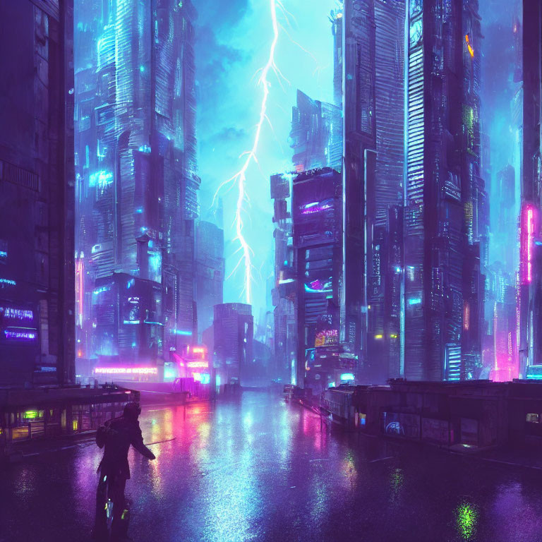 Person with umbrella in neon-lit futuristic cityscape.