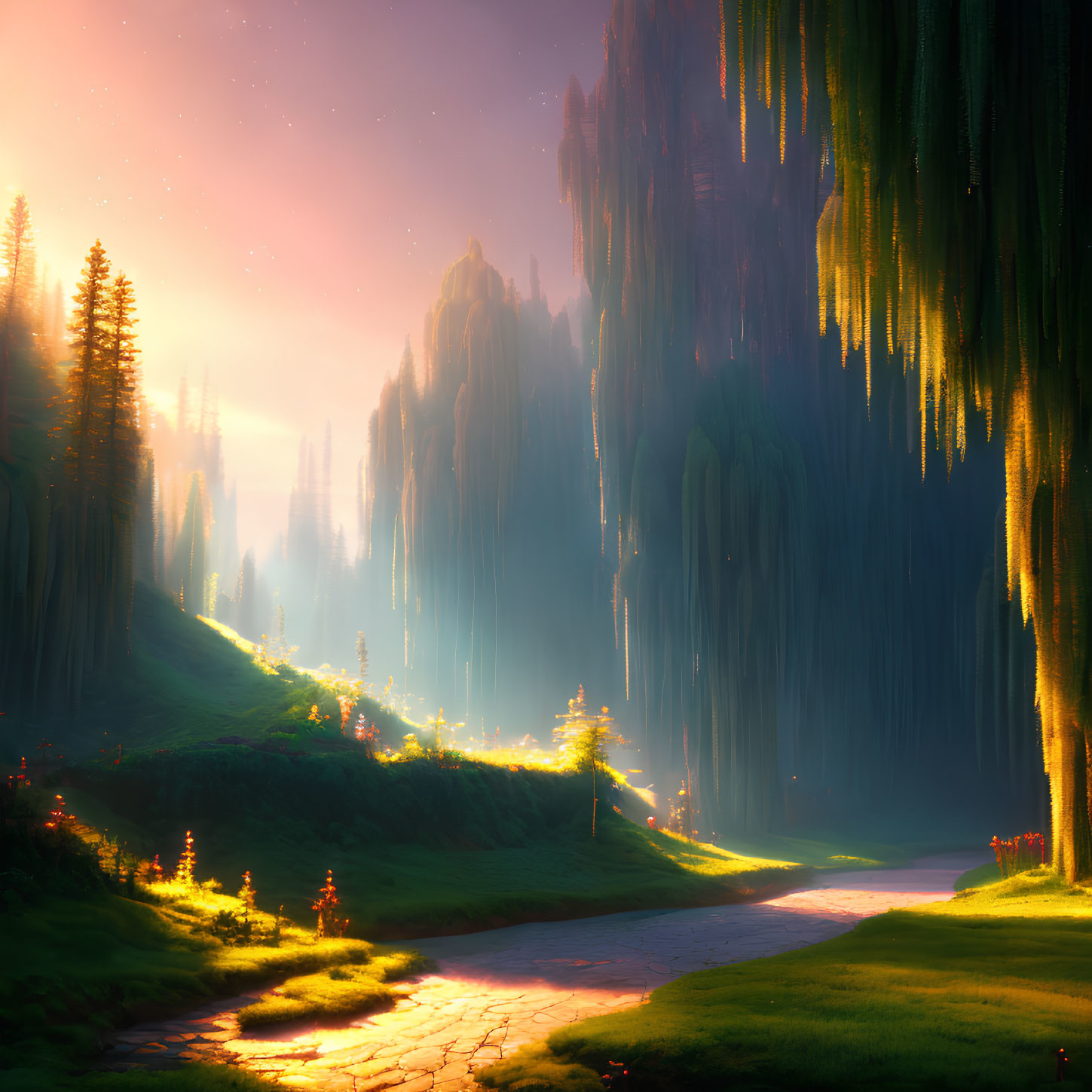 Mystical sunset landscape with towering cliffs, glowing path, and starry sky