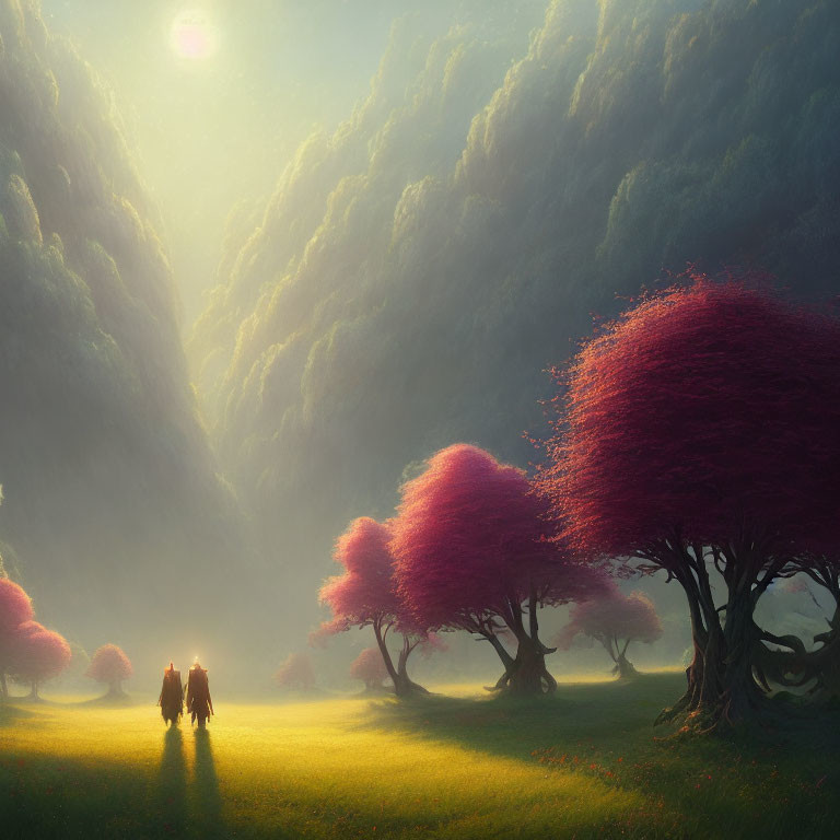 Fantastical Landscape with Pink Trees and Horse Riders