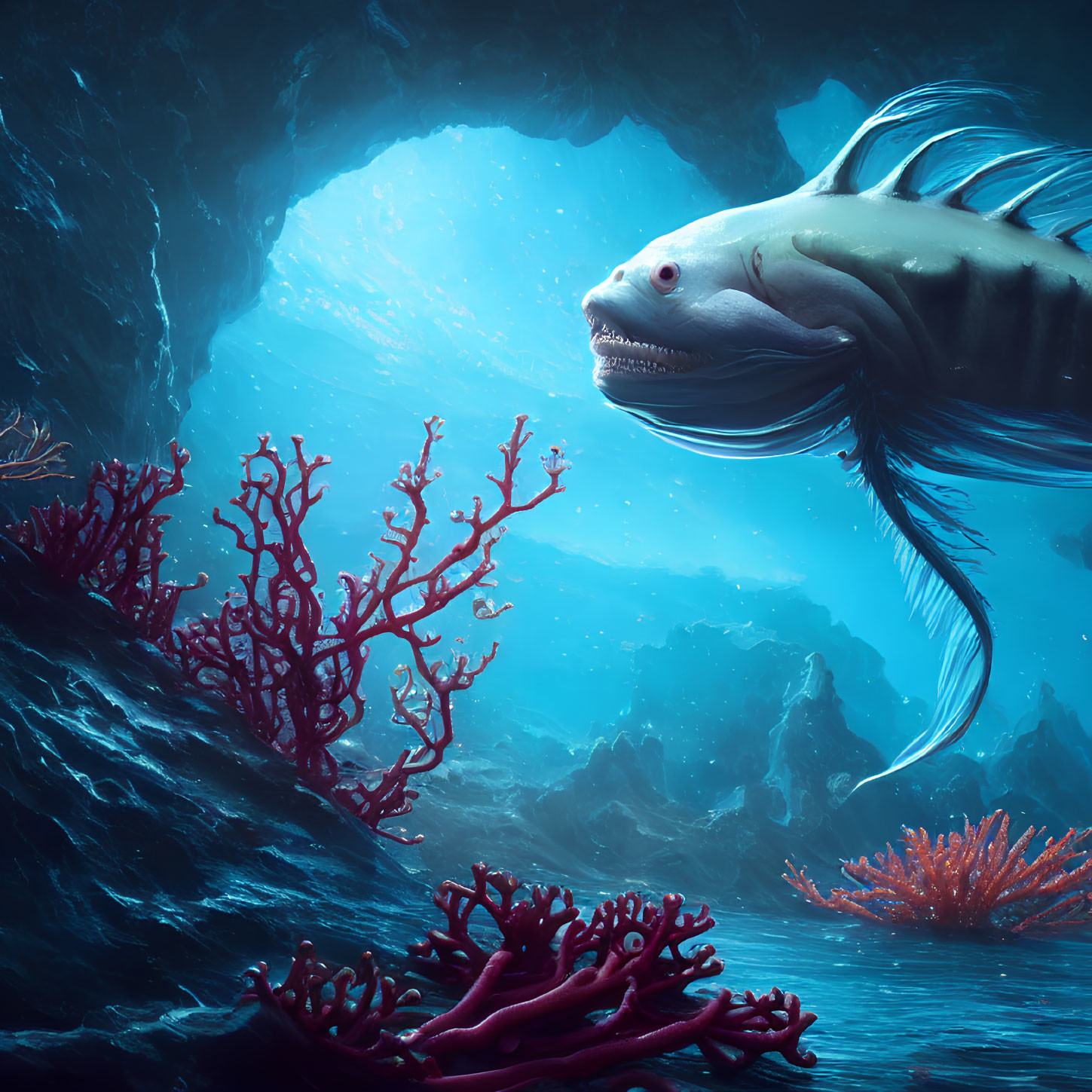 Fantastical deep-sea fish surrounded by red coral in dark underwater cave