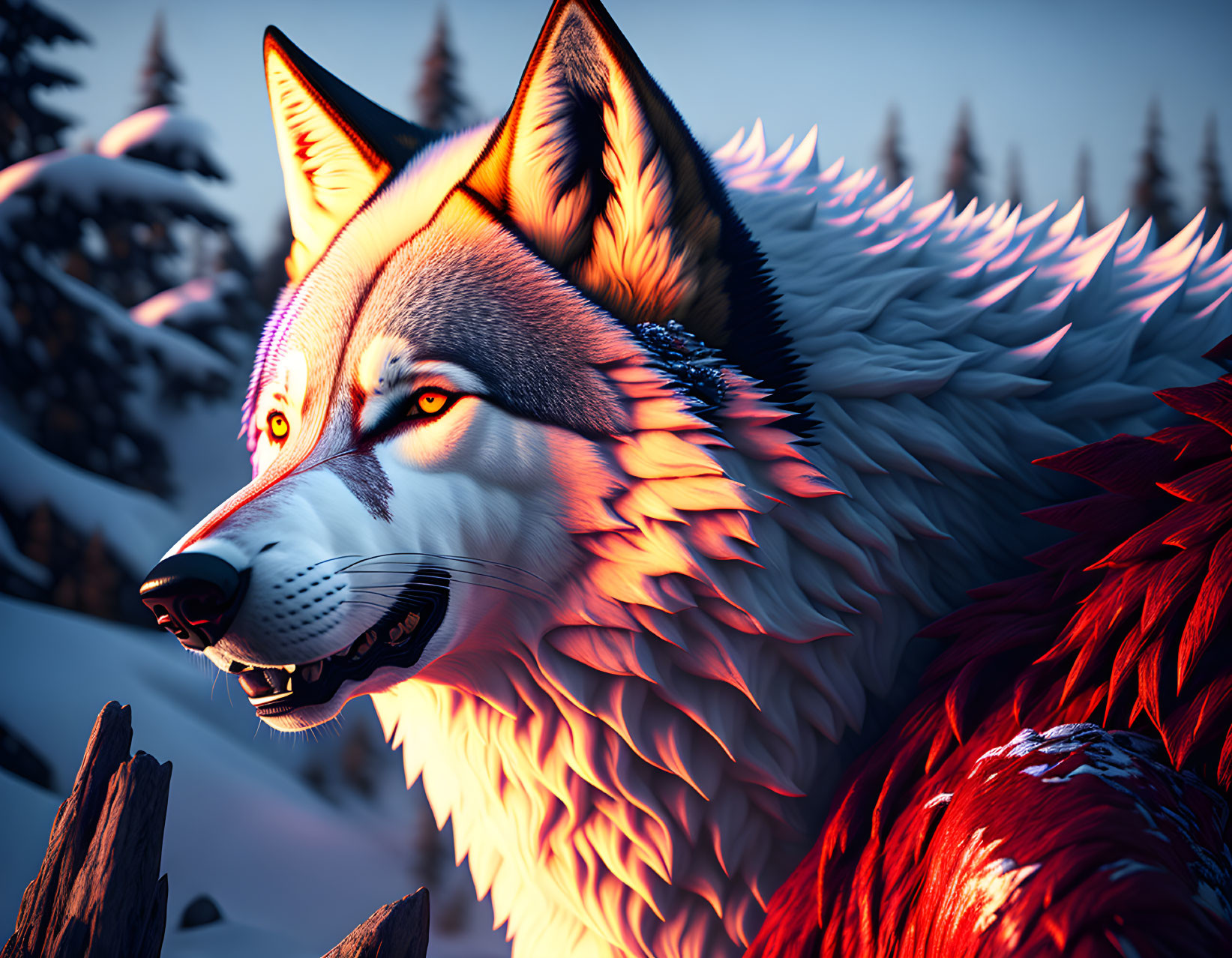 Stylized 3D rendering of red and white wolf in snowy landscape