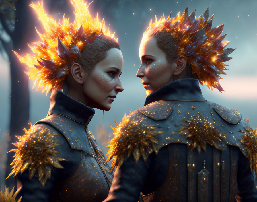 Fantasy-inspired portrait of two individuals in fiery crowns and glowing attire