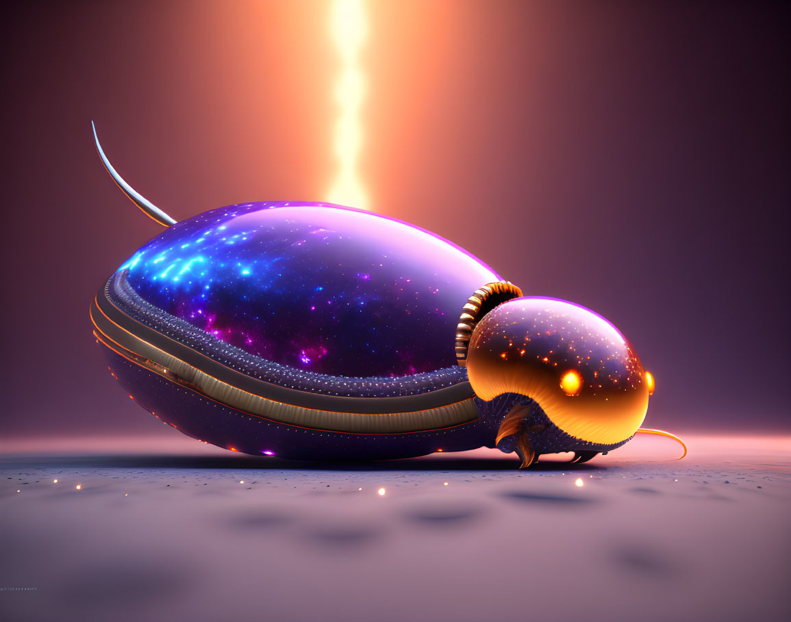 Surreal snail illustration with cosmic galaxy shell on purple background