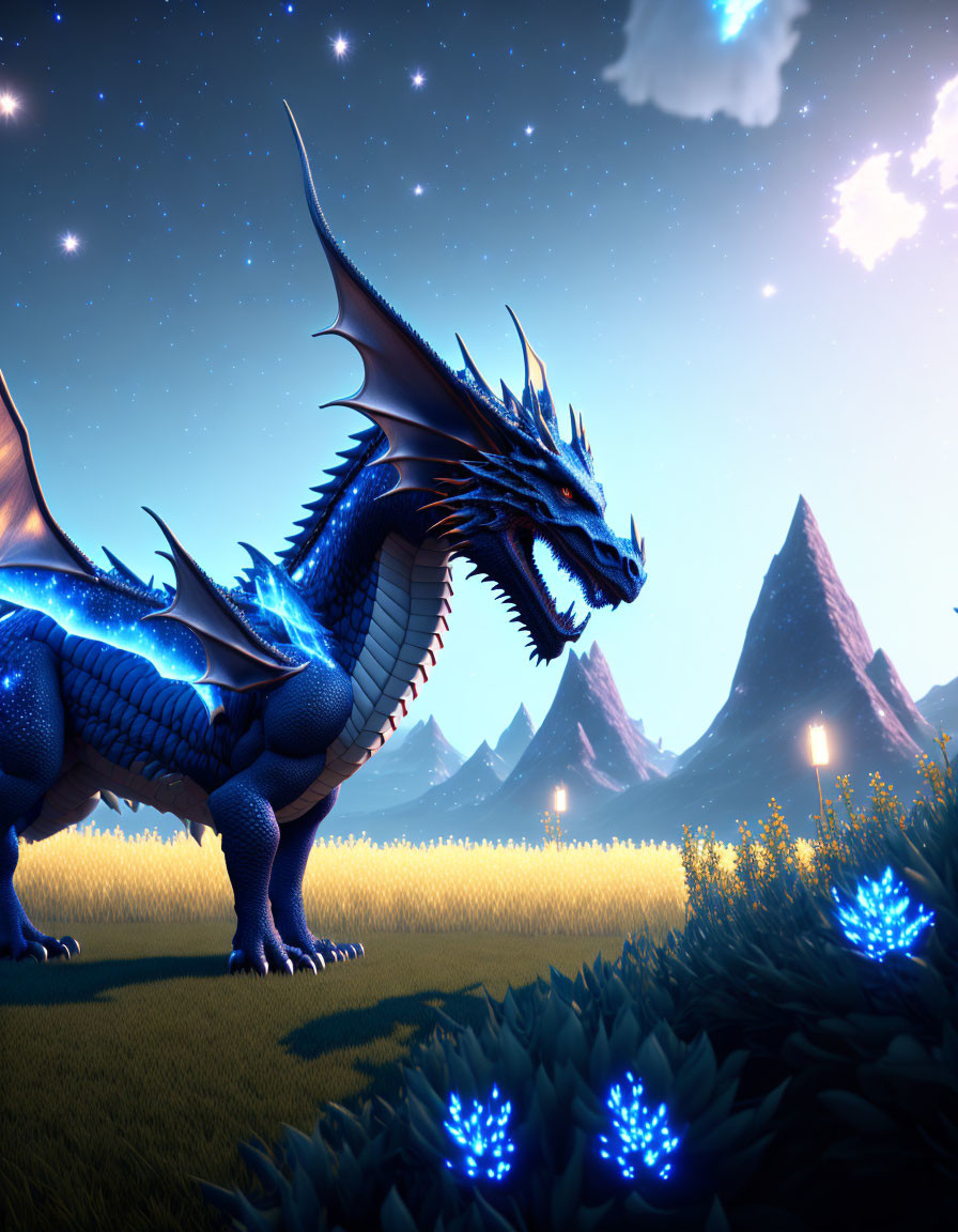 Blue dragon in luminous field under starry sky with glowing flowers and mountains