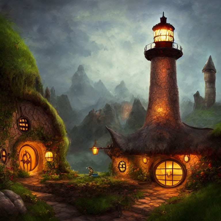 Fantasy landscape with hillside house and lighthouse against mountain backdrop