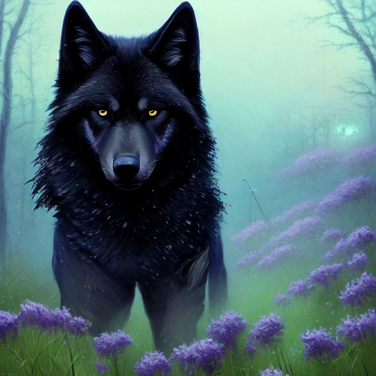 Majestic black wolf with yellow eyes in misty forest clearing