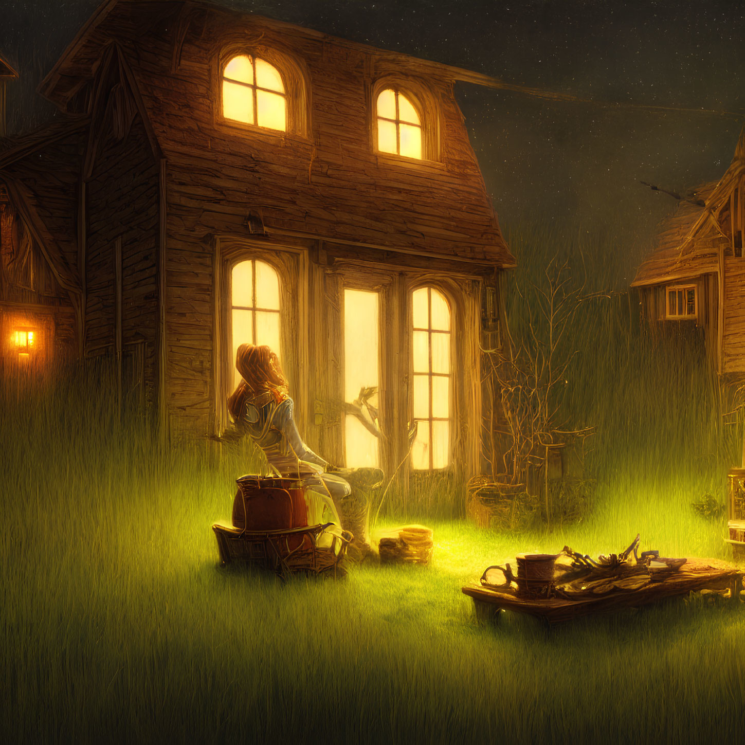 Tranquil nighttime landscape with cottage, woman, sword, grassy field, and starry sky