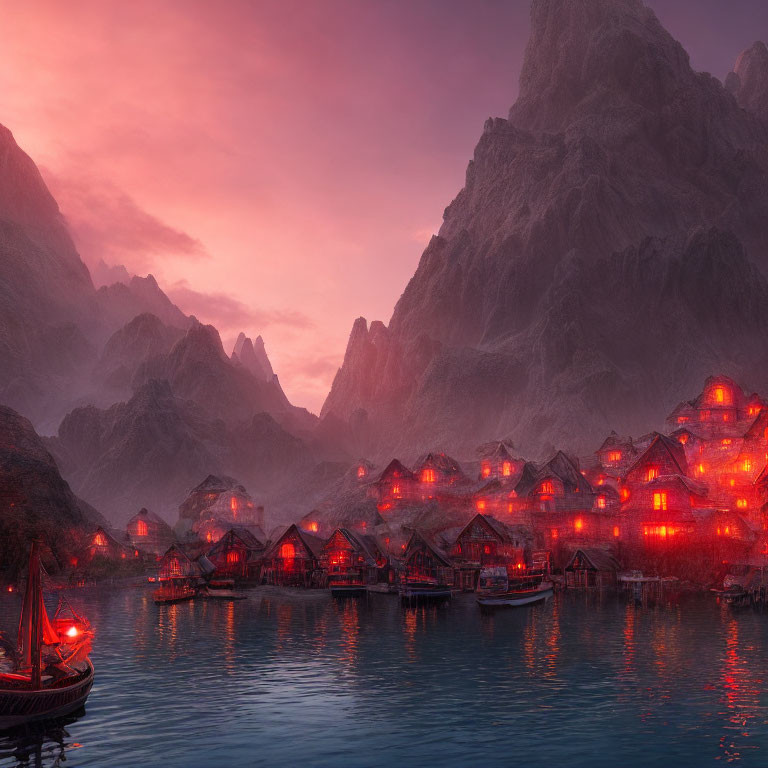 Twilight scene: Tranquil village by water, glowing houses, pink sky, towering mountains