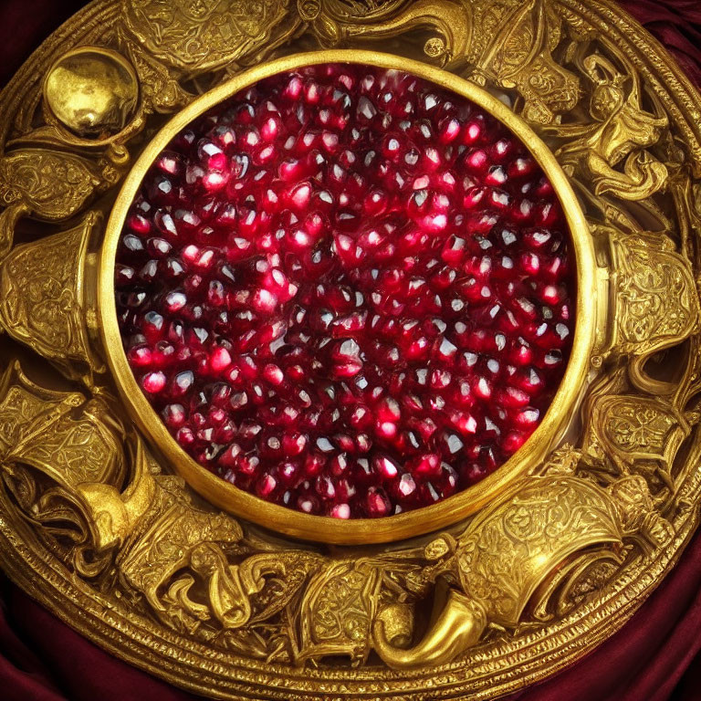 Golden pedestal with elephant motifs holds pomegranate seeds on red fabric.