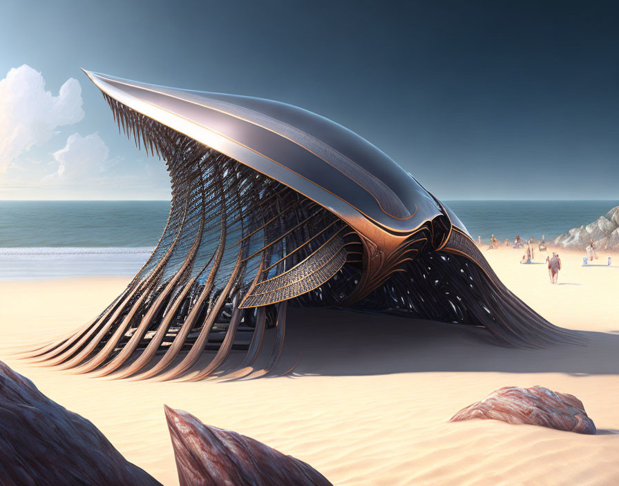 Futuristic shell-like structure on sandy beach with intricate patterns, people, and rocks under clear sky