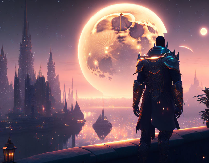 Knight in ornate armor admires moon over fantastical city at twilight