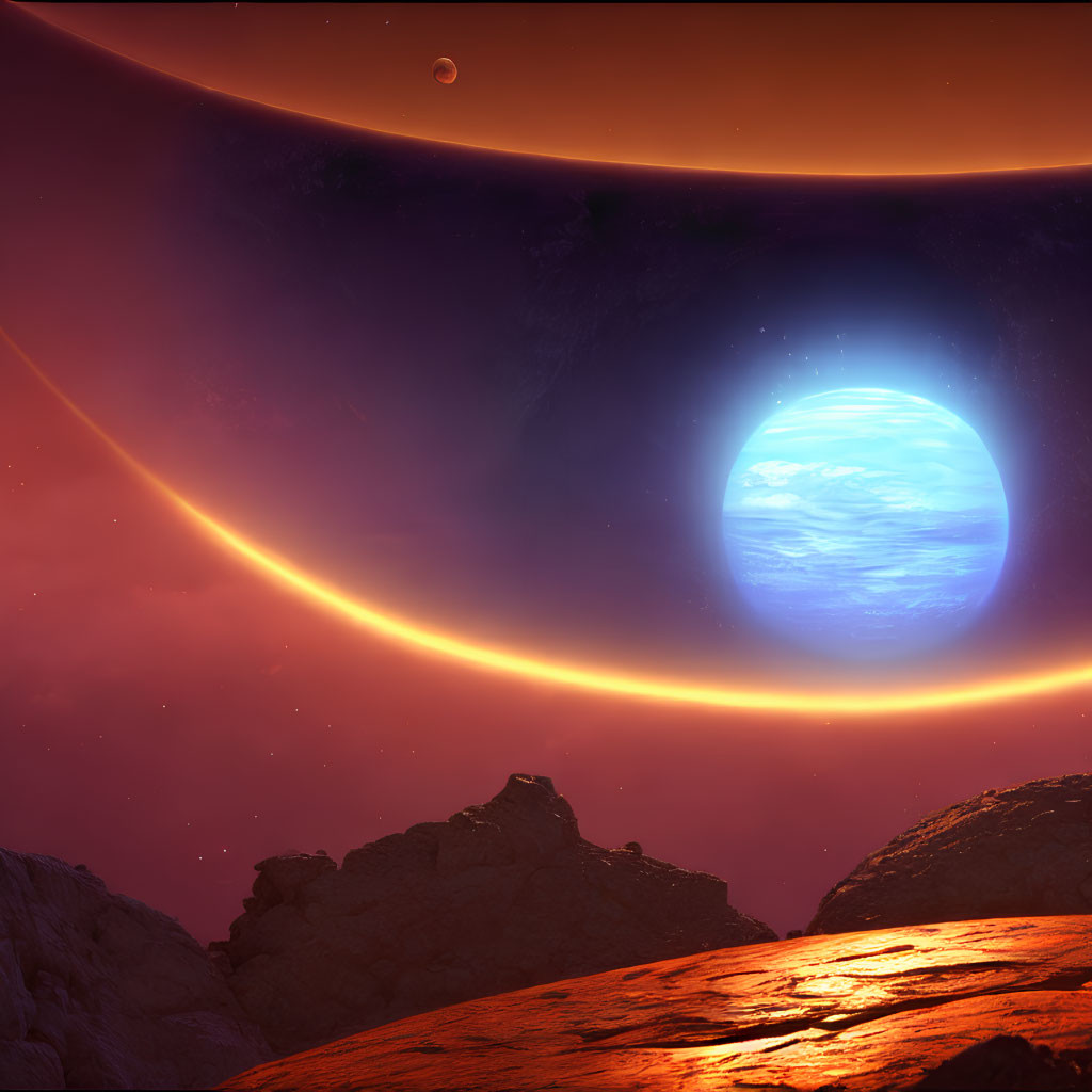 Sci-fi landscape with glowing horizon and large blue planet