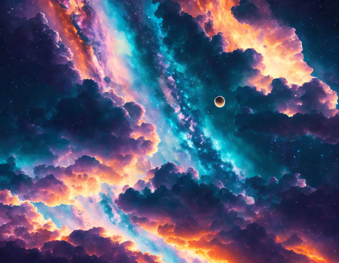 Colorful cosmic scene with nebulous clouds and planet on starry background.