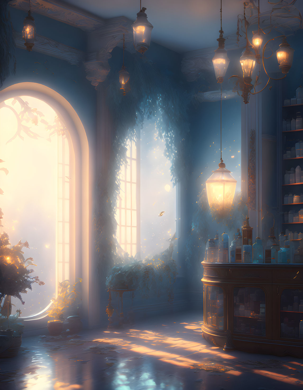 Sunlit Room with Floating Particles, Lanterns, Bookshelf, and Antique Furniture