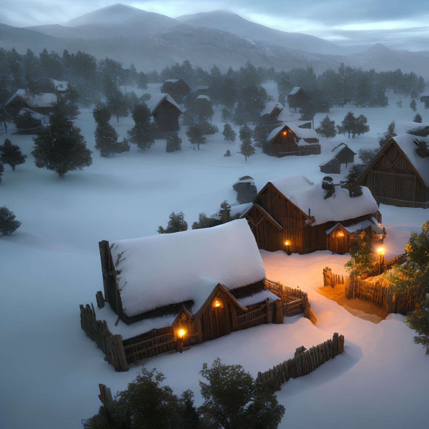 Snow-covered village with wooden houses and lanterns in foggy mountains