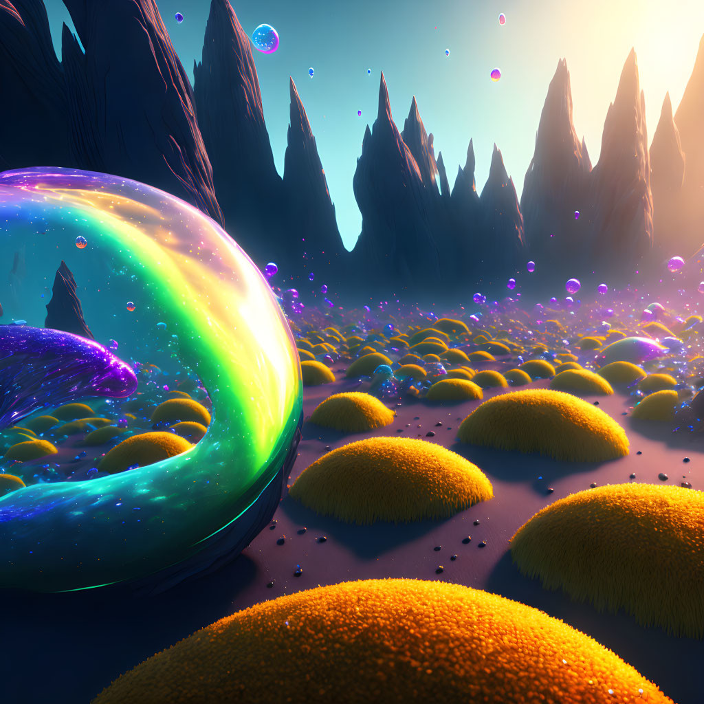 Vibrant surreal landscape with giant iridescent bubble and mossy hillocks