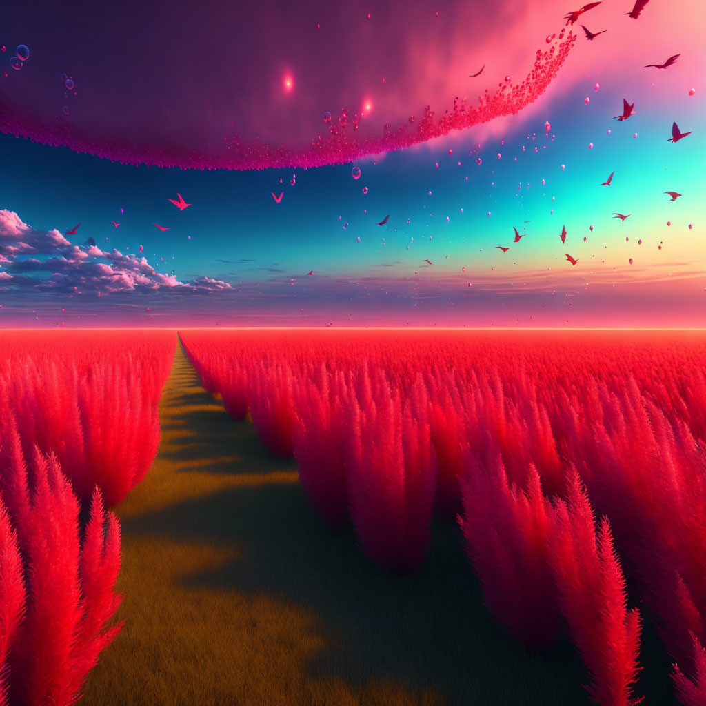 Vibrant surreal landscape with pink grass rows and floating bubbles